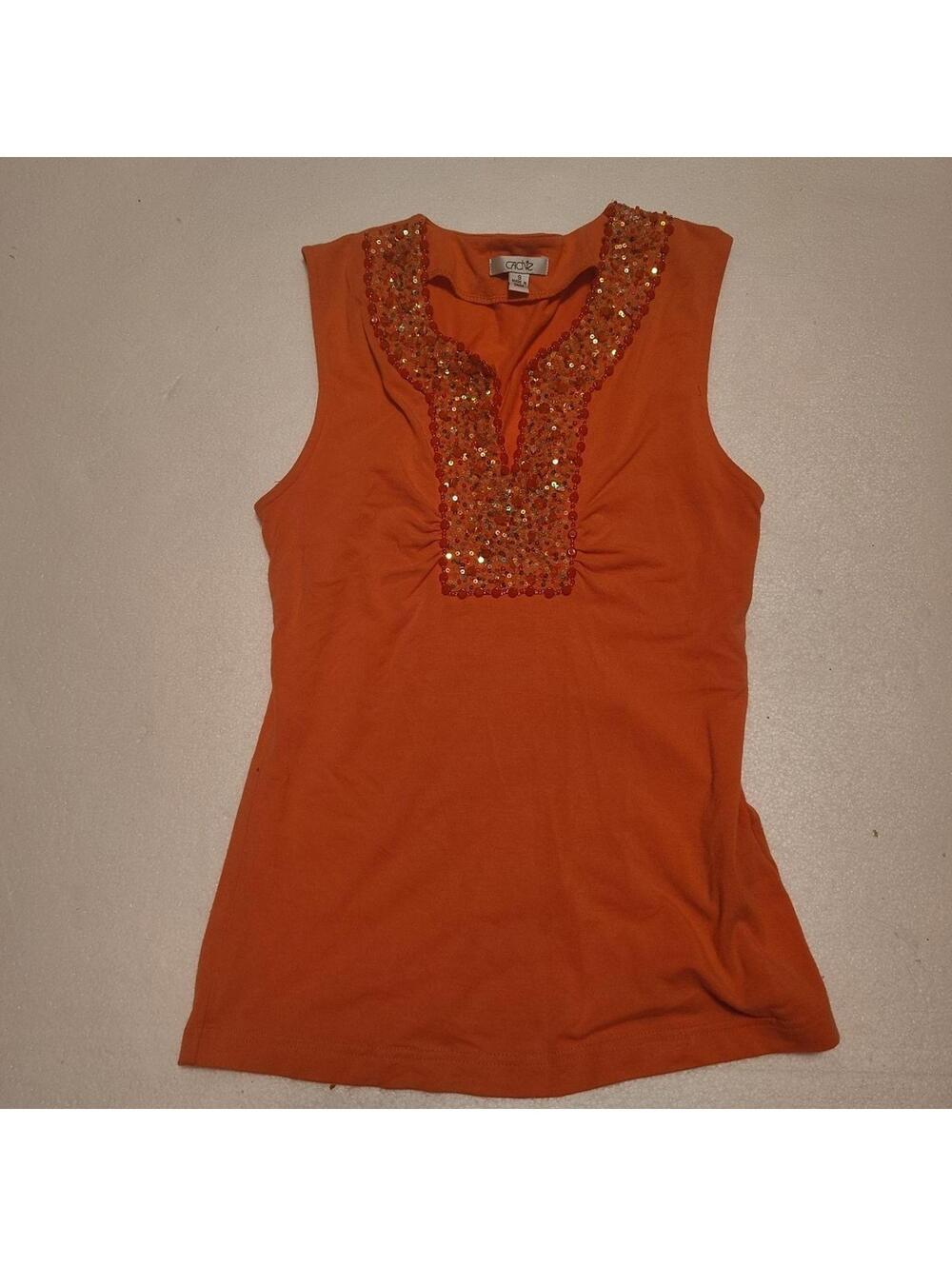 Cache Vintage Beaded V Neck Line Tangerine Sleeveless Blouse Size Small